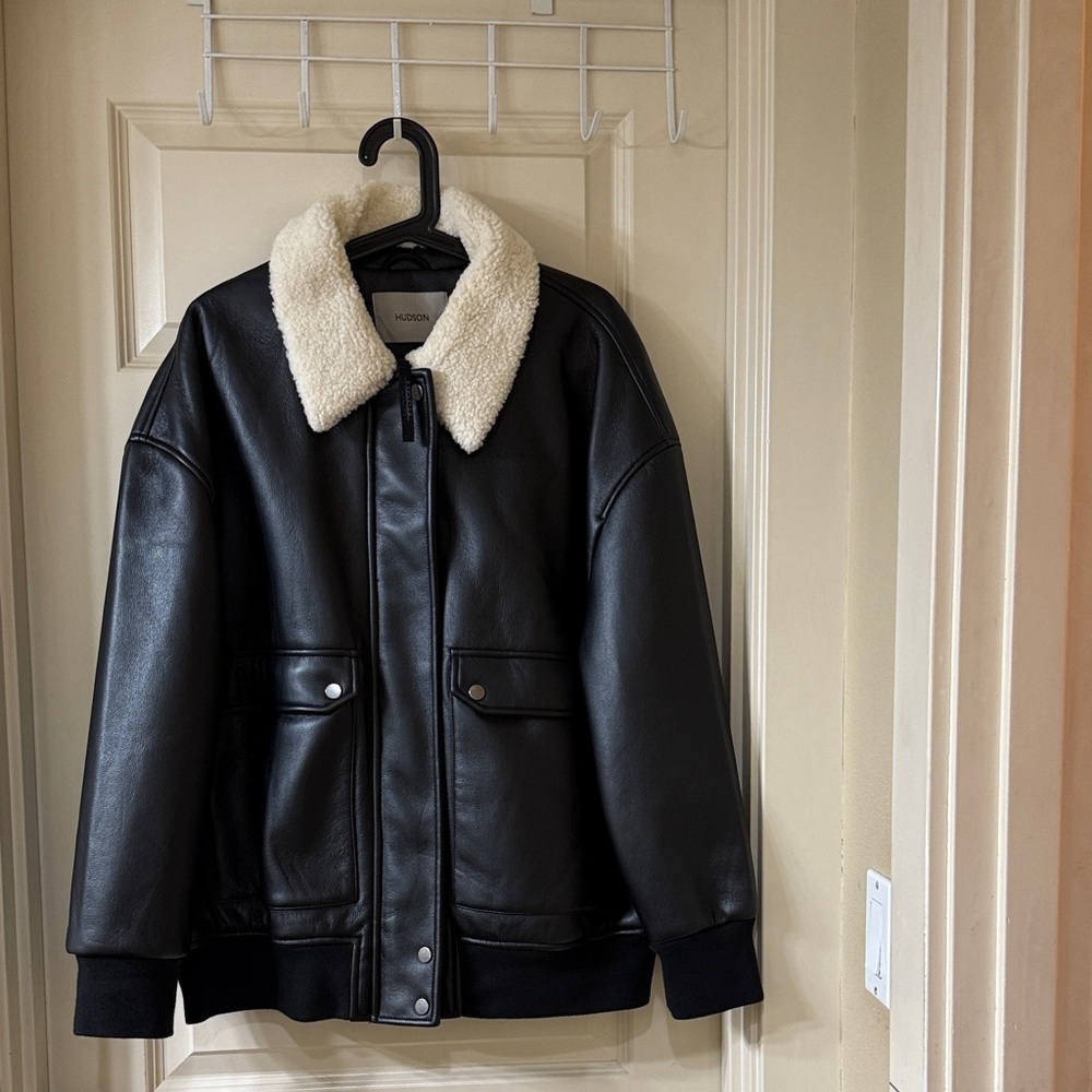 Bomber Black faux Leather Jacket with Cream shearling Collar